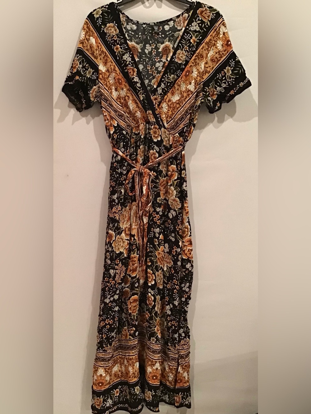458  Black Floral Wrap Maxi Dress with Gold-Tan Accents